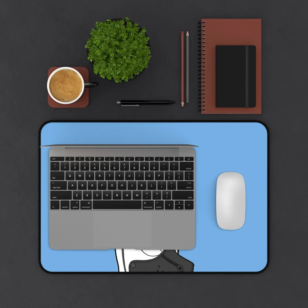 Blue desk mat featuring a stylish design with a laptop, mouse, and office supplies.