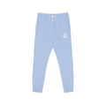 Light blue jogger pants with elastic cuffs and a paw print design, perfect for casual wear.