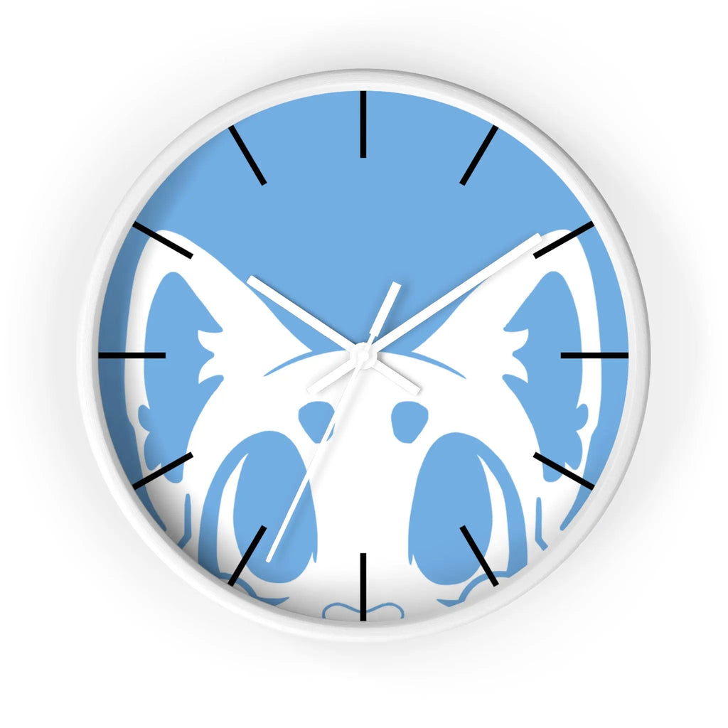 Blue wall clock featuring a cat design, white frame, elegant black hands for easy reading.