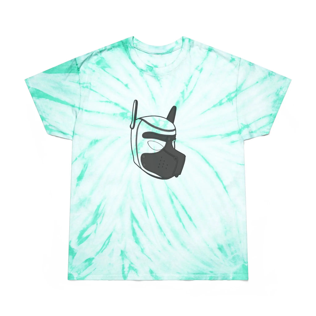 Men's mint green tie-dye t-shirt featuring a graphic mask design, comfortable cotton material.