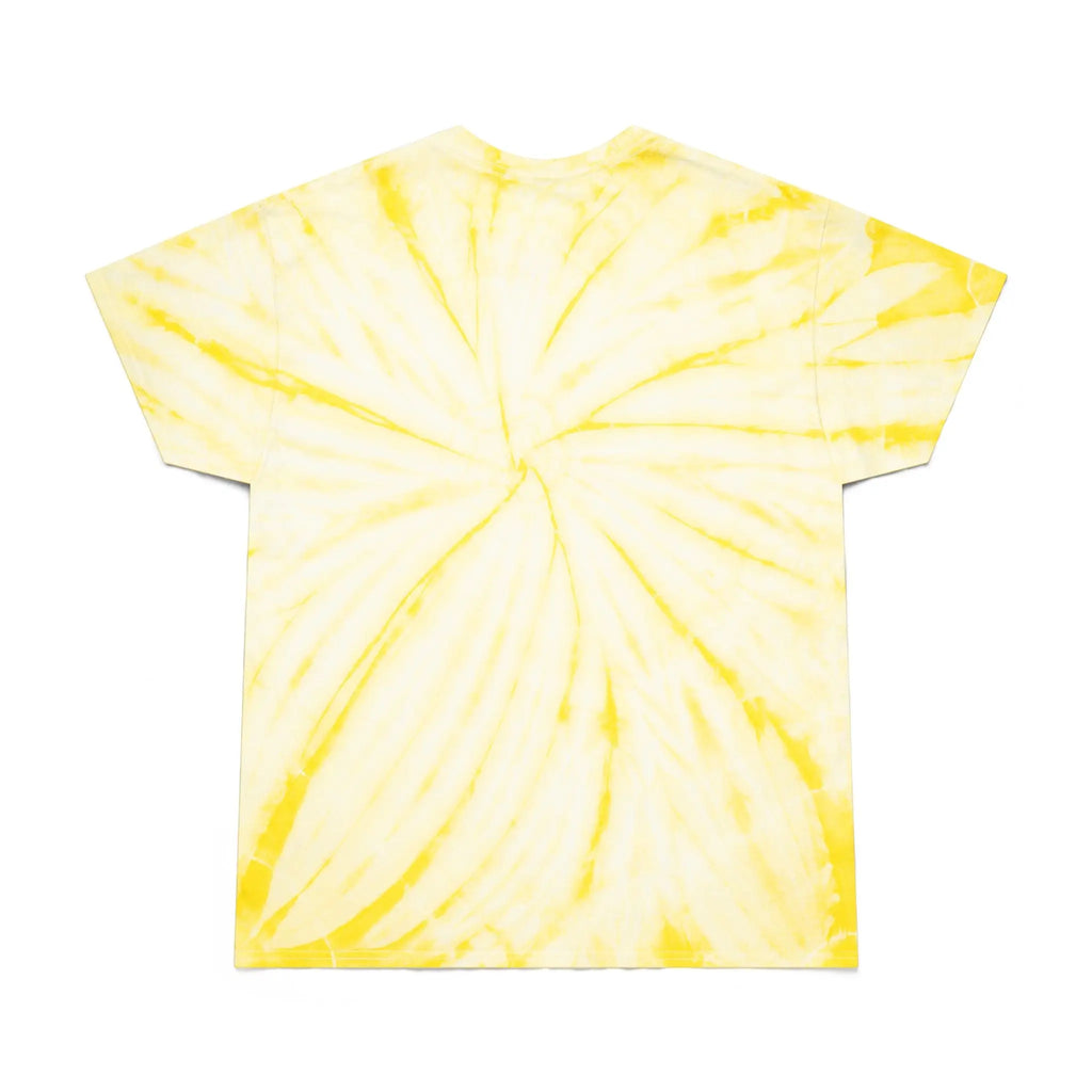 Men's yellow tie-dye t-shirt, short sleeve, made from soft cotton, vibrant swirl pattern.