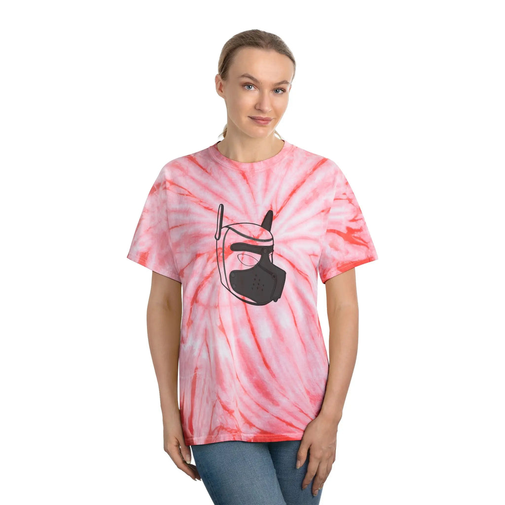 Women's pink tie-dye t-shirt featuring a black mask graphic, made of soft cotton material.