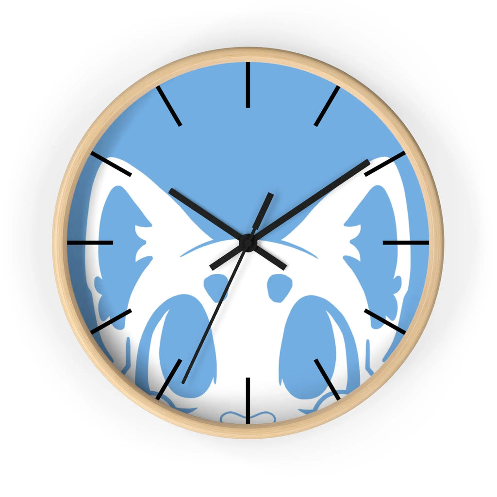 Blue cat-themed wall clock with wooden frame, featuring black clock hands and playful design.