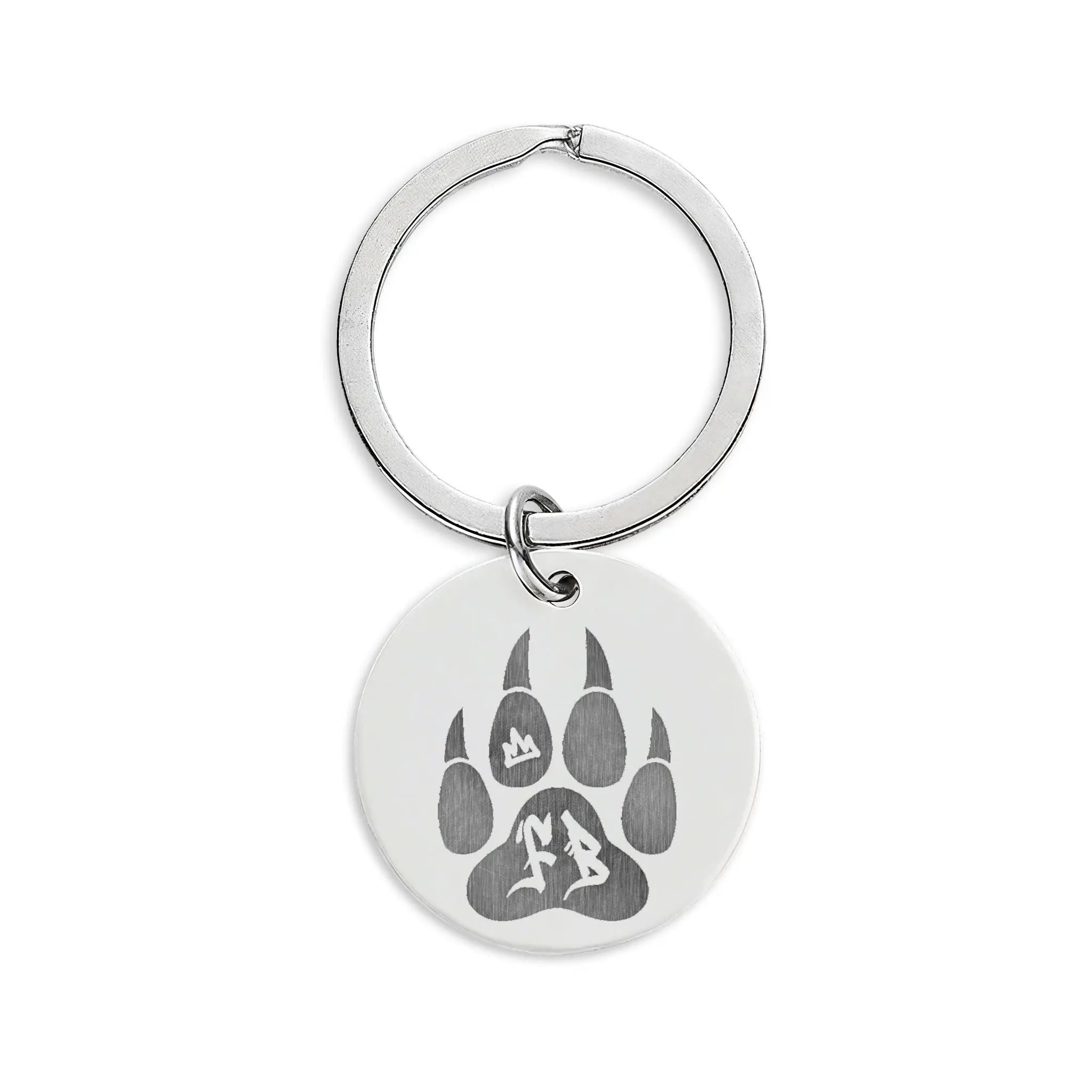 Silver keychain featuring a paw print design on a circular tag, perfect for pet lovers.