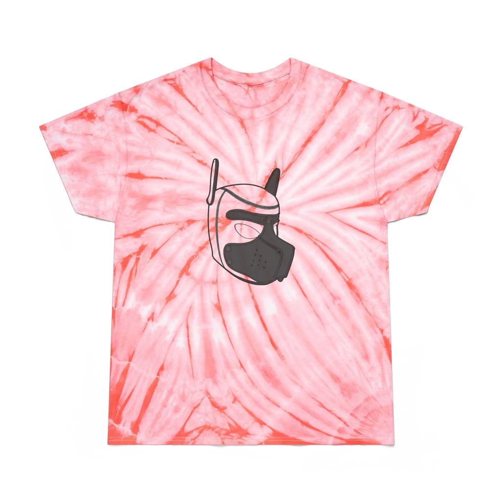 Pink tie-dye t-shirt featuring a graphic of a mask, perfect for casual streetwear.
