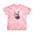Pink tie-dye t-shirt featuring a graphic of a mask, perfect for casual streetwear.