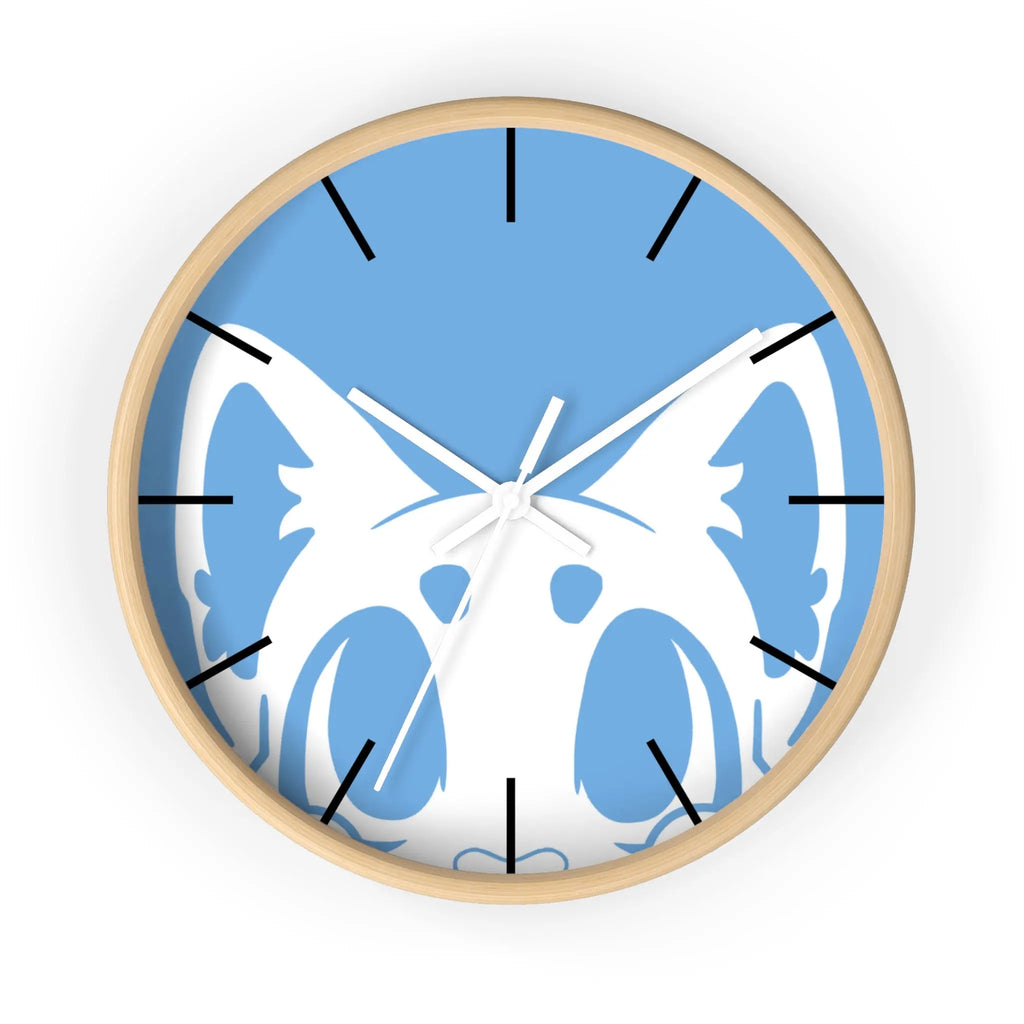 Blue wall clock featuring a cat design, wooden frame, and minimalist black hour markers.