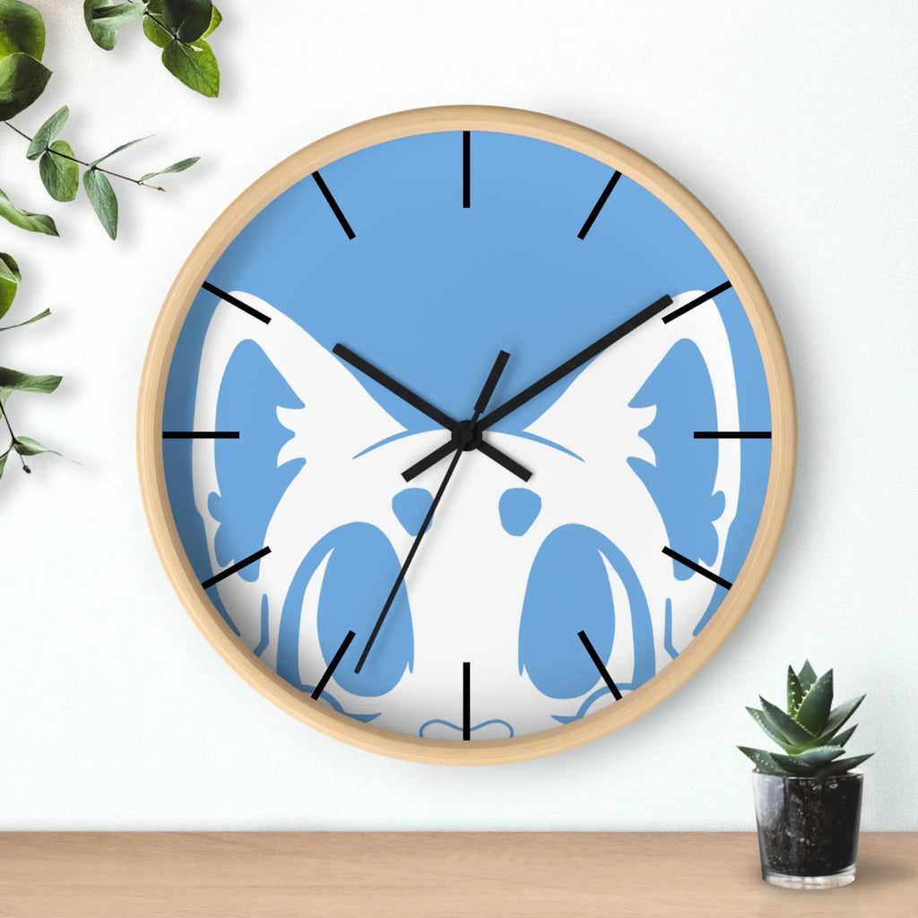 Blue cat-themed wall clock with wooden frame and black hands, perfect for home decor.