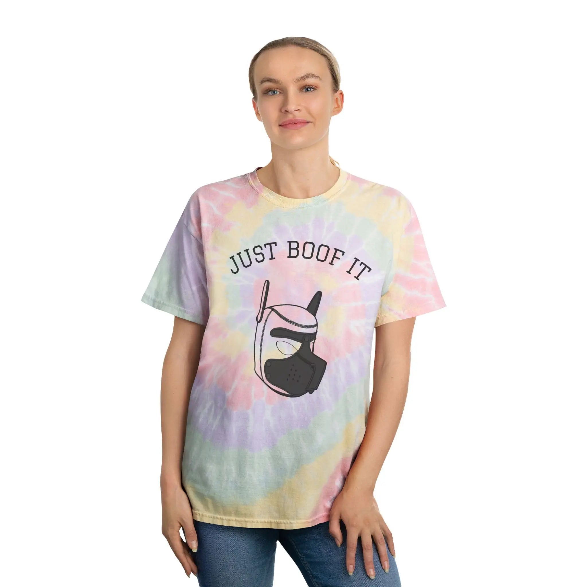Tie-dye t-shirt with 'Just Boof It' graphic, multicolor, relaxed fit, made of soft cotton.