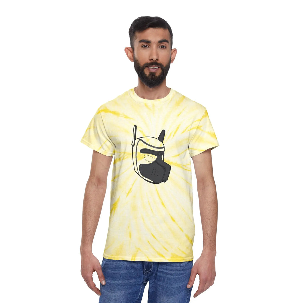 Men's yellow tie-dye t-shirt featuring a unique cartoon mask graphic, soft cotton material.