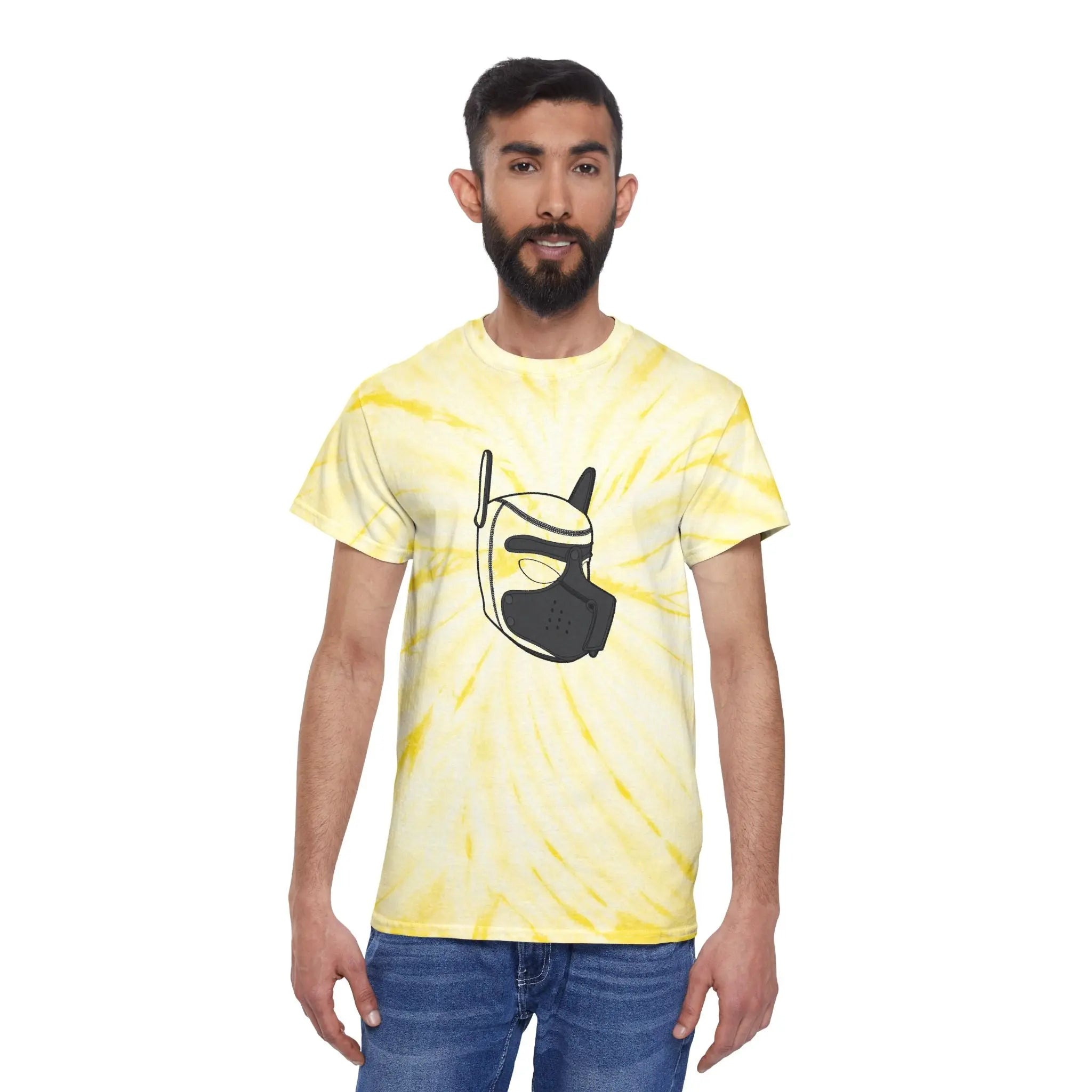 Men's yellow tie-dye t-shirt featuring a unique cartoon mask graphic, soft cotton material.