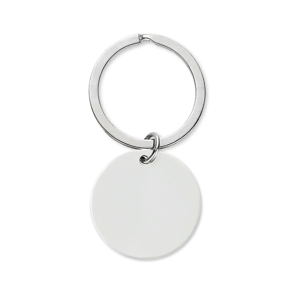 Silver metal keychain with a round blank tag for personalization or engraving.