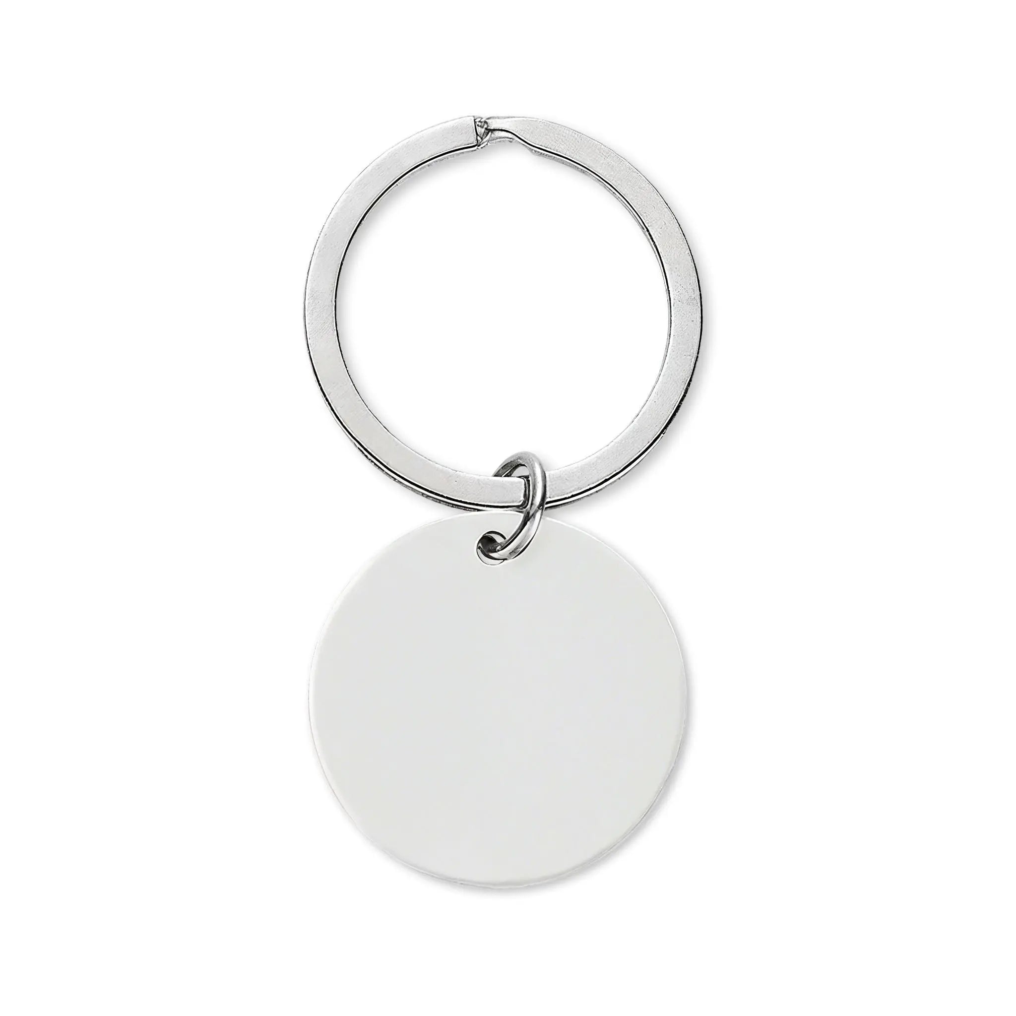 Silver metal keychain with a round blank tag for personalization or engraving.
