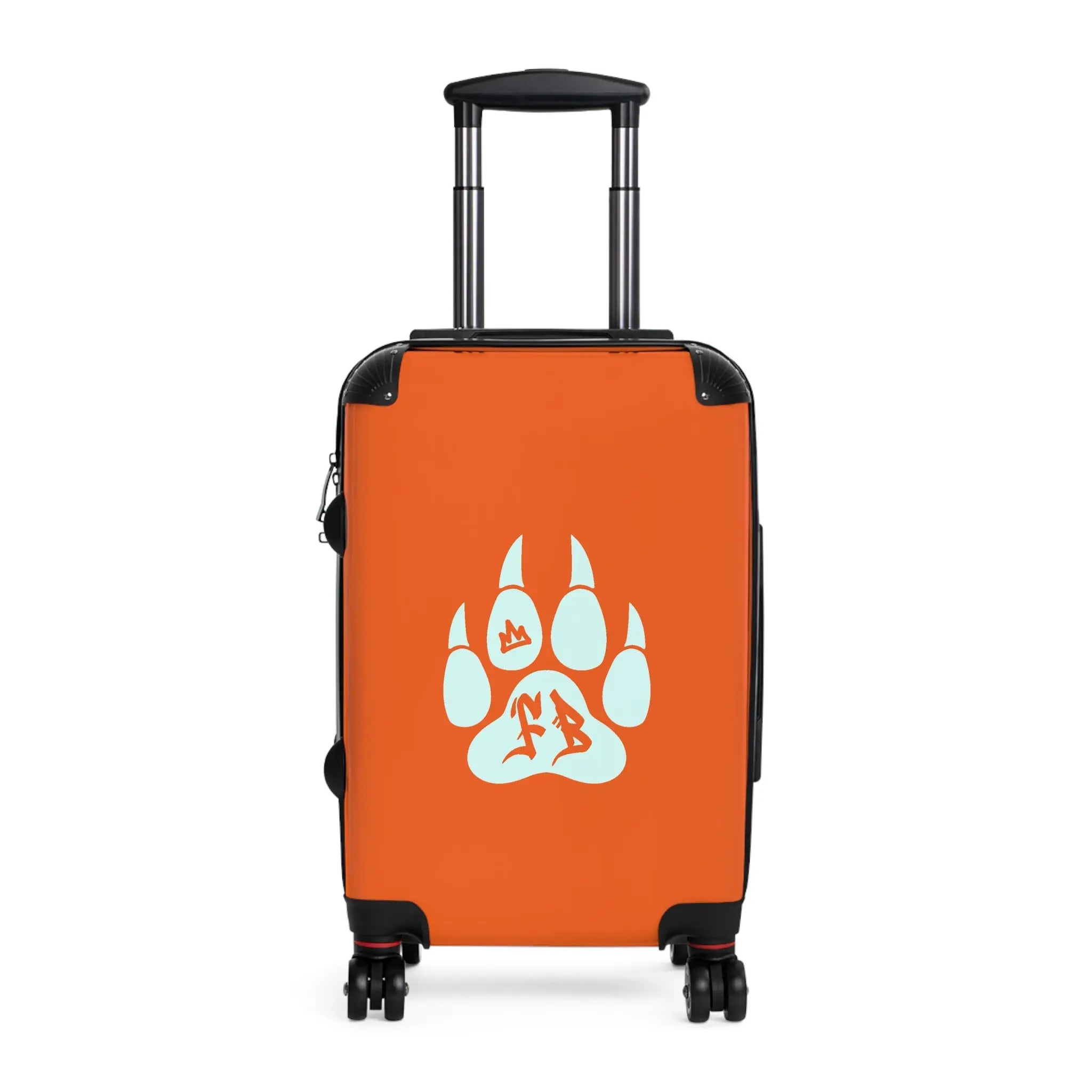 Orange hard-shell suitcase with a blue paw print design and retractable handle.