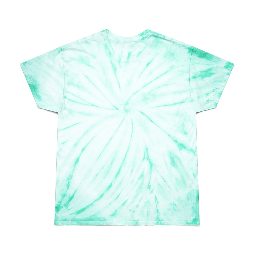 Mint green tie-dye t-shirt made from soft cotton, featuring a vibrant swirl pattern on the back.
