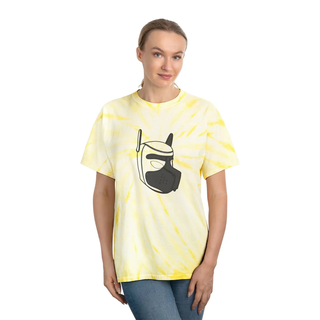Yellow tie-dye t-shirt featuring a unique graphic of a black mask design, perfect for casual wear.