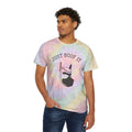 Men's tie-dye t-shirt featuring 'Just Boof It' graphic in pastel colors, made of soft cotton.