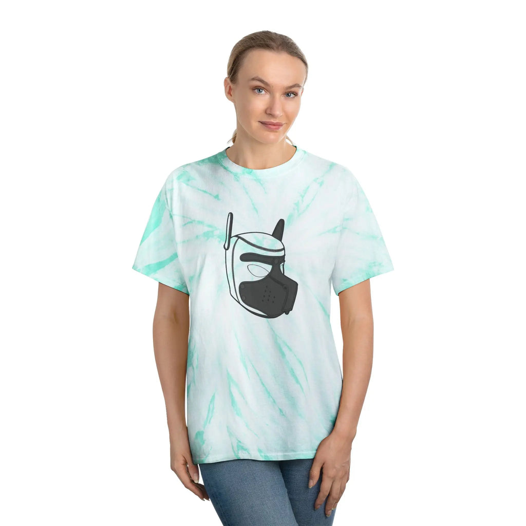Mint tie-dye t-shirt featuring a graphic of a black VR headset, comfortable and stylish for casual wear.