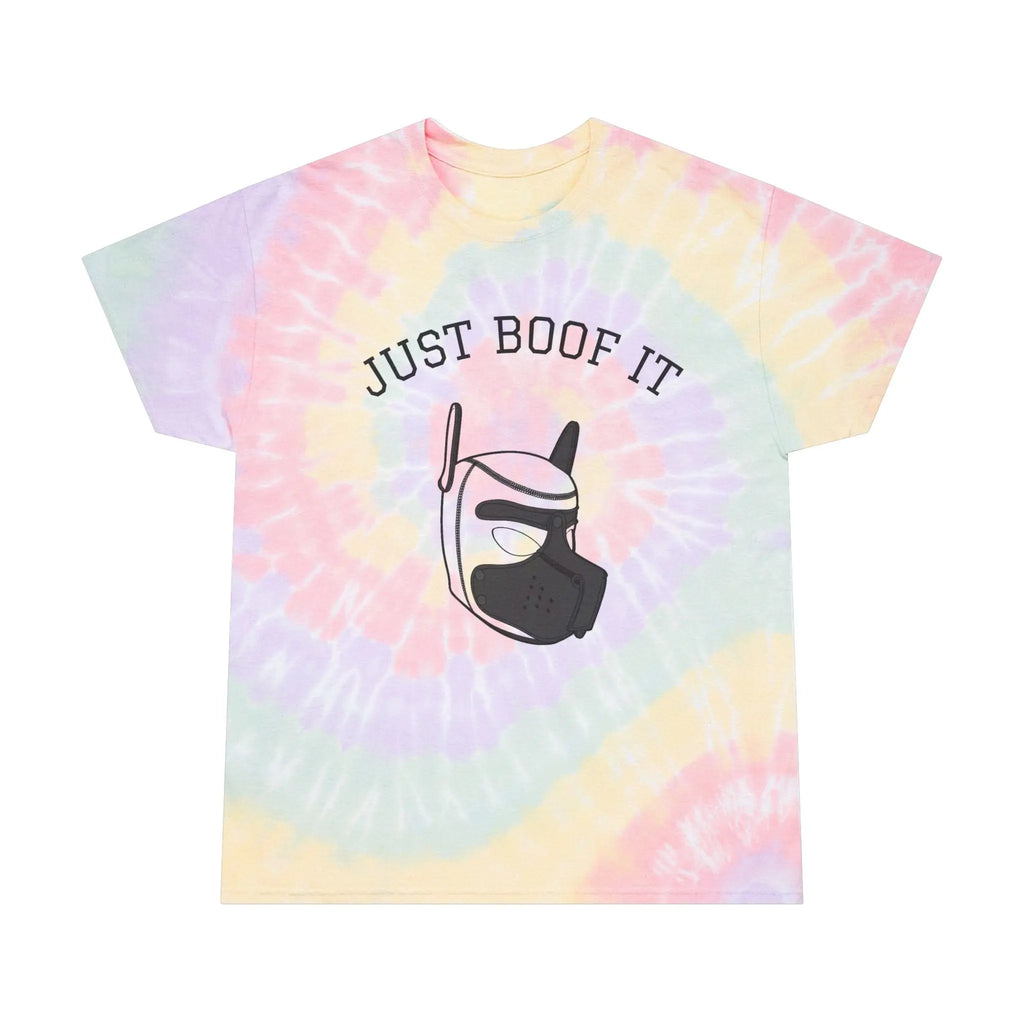 Colorful tie-dye t-shirt in pastel hues with 'Just Boof It' graphic, casual style, unisex fit.