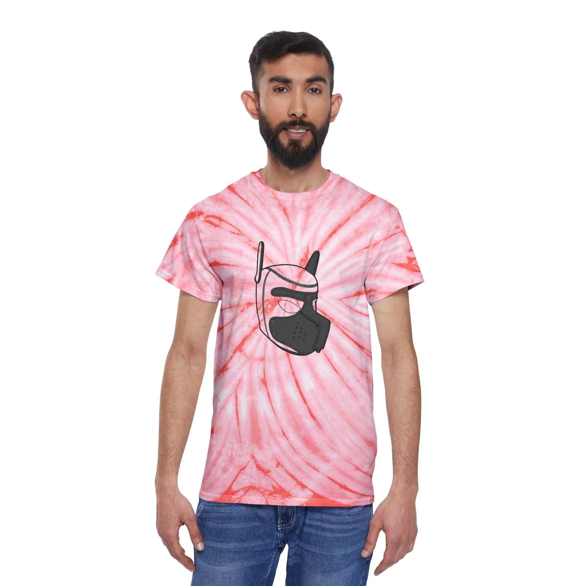 Men's tie-dye t-shirt in pink with a graphic mask design, perfect for casual wear.