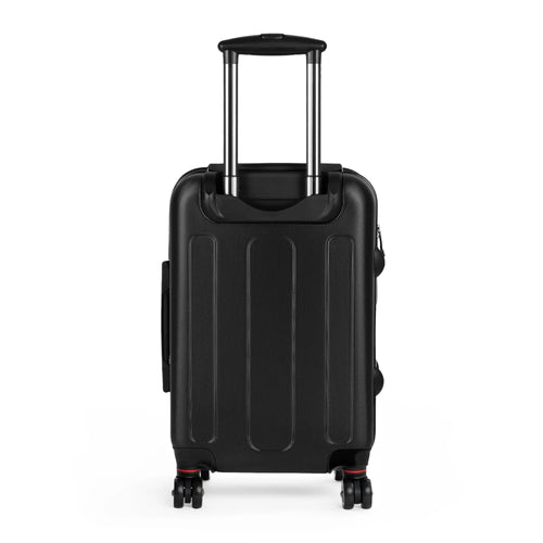 Black hard-shell suitcase with retractable handle and four wheels for easy mobility.
