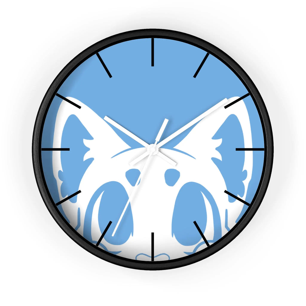 Cat-themed wall clock with blue background, featuring a minimalist design and black hour markers.