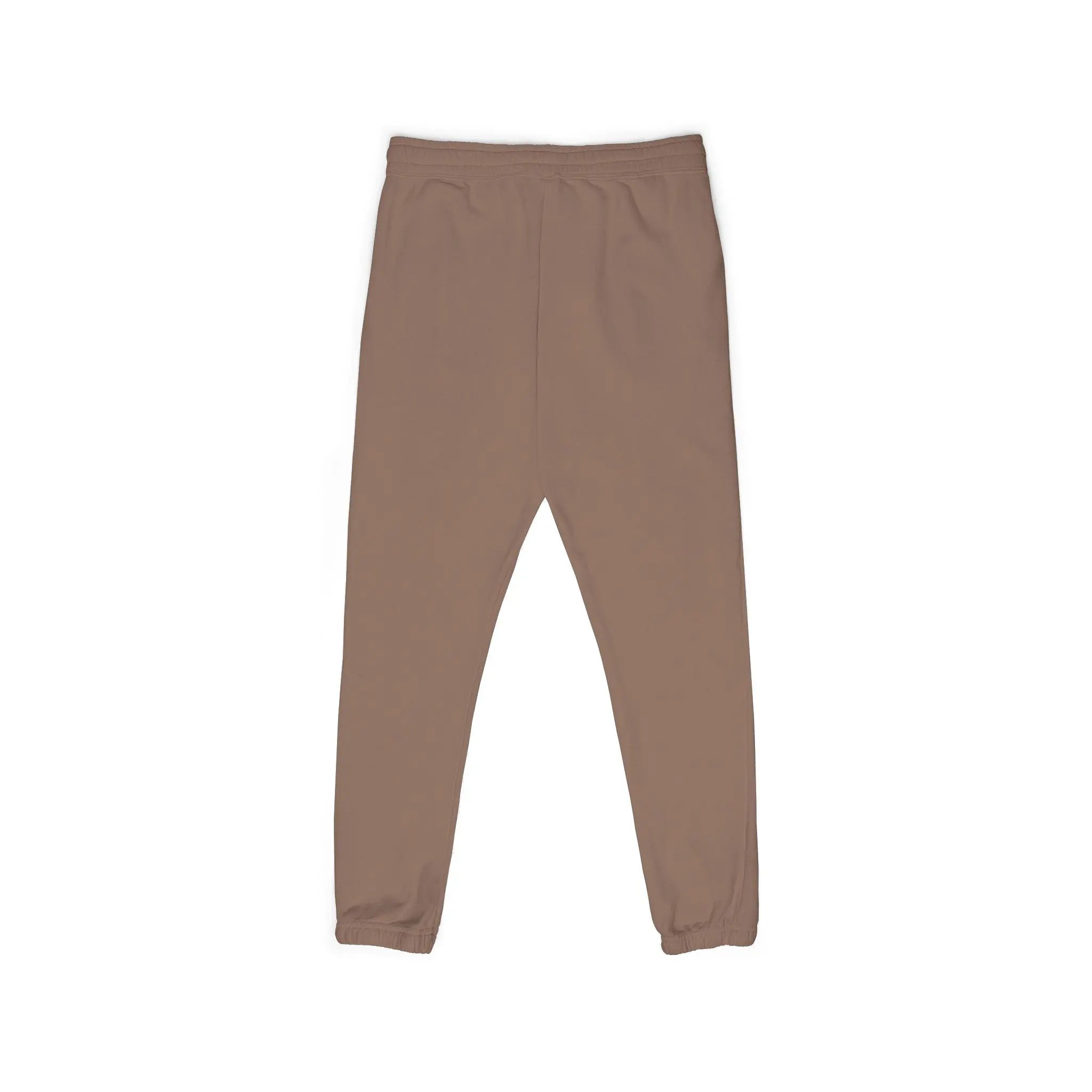 Brown jogger pants made from soft material, featuring an elastic waistband and cuffed hems for comfort.