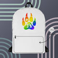 Colorful rainbow bear paw backpack with inside pocket, white fabric, stylish and spacious design.