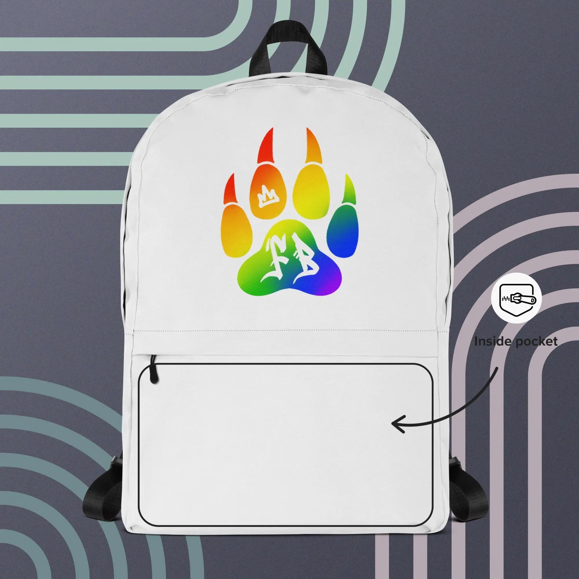 Colorful rainbow bear paw backpack with inside pocket, white fabric, stylish and spacious design.