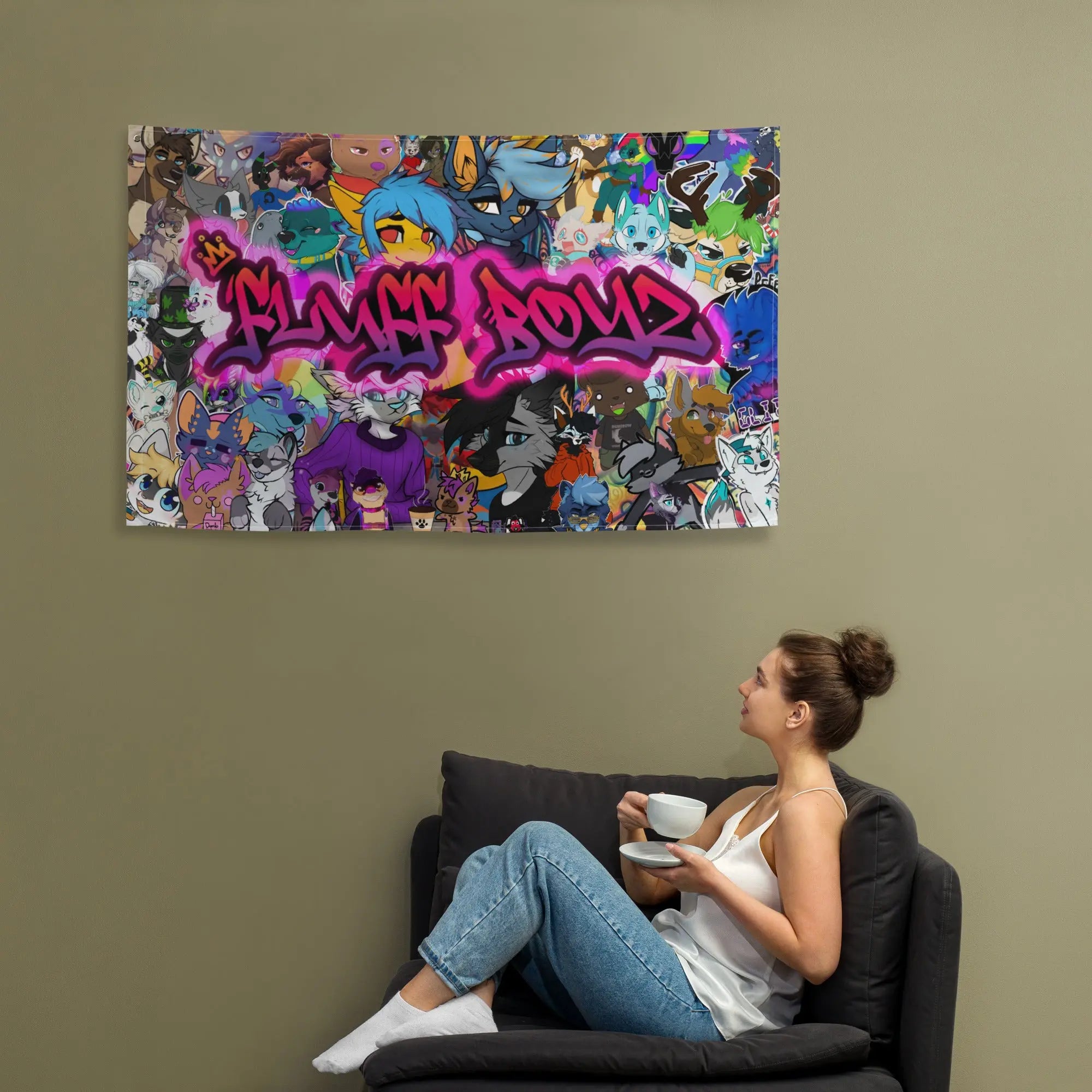 Colorful Fluff Boyz wall art print featuring vibrant cartoon characters and graffiti-style design.