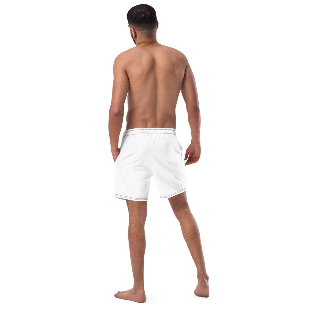Men's white swim shorts with elastic waistband, stylish and comfortable for beachwear.