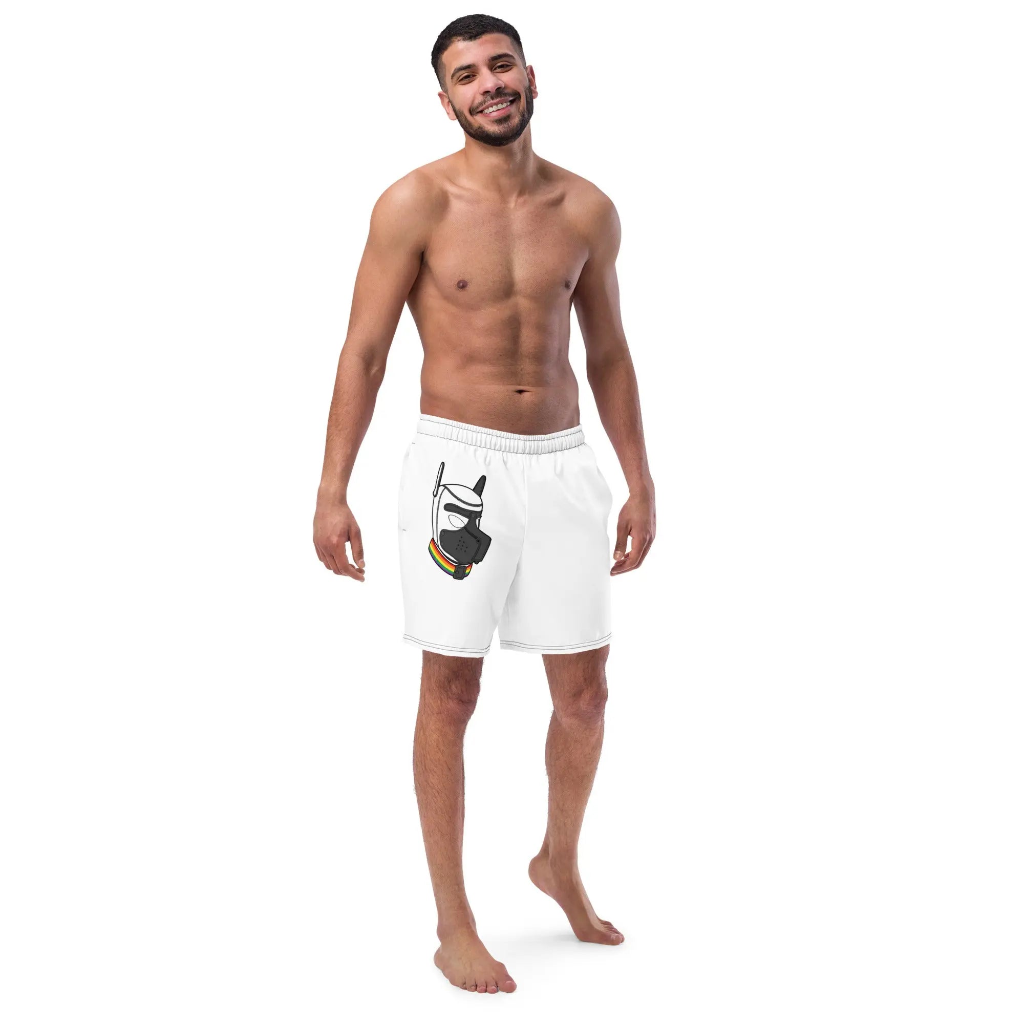 Men's white swim shorts featuring a stylish graphic print and elastic waistband for comfort.