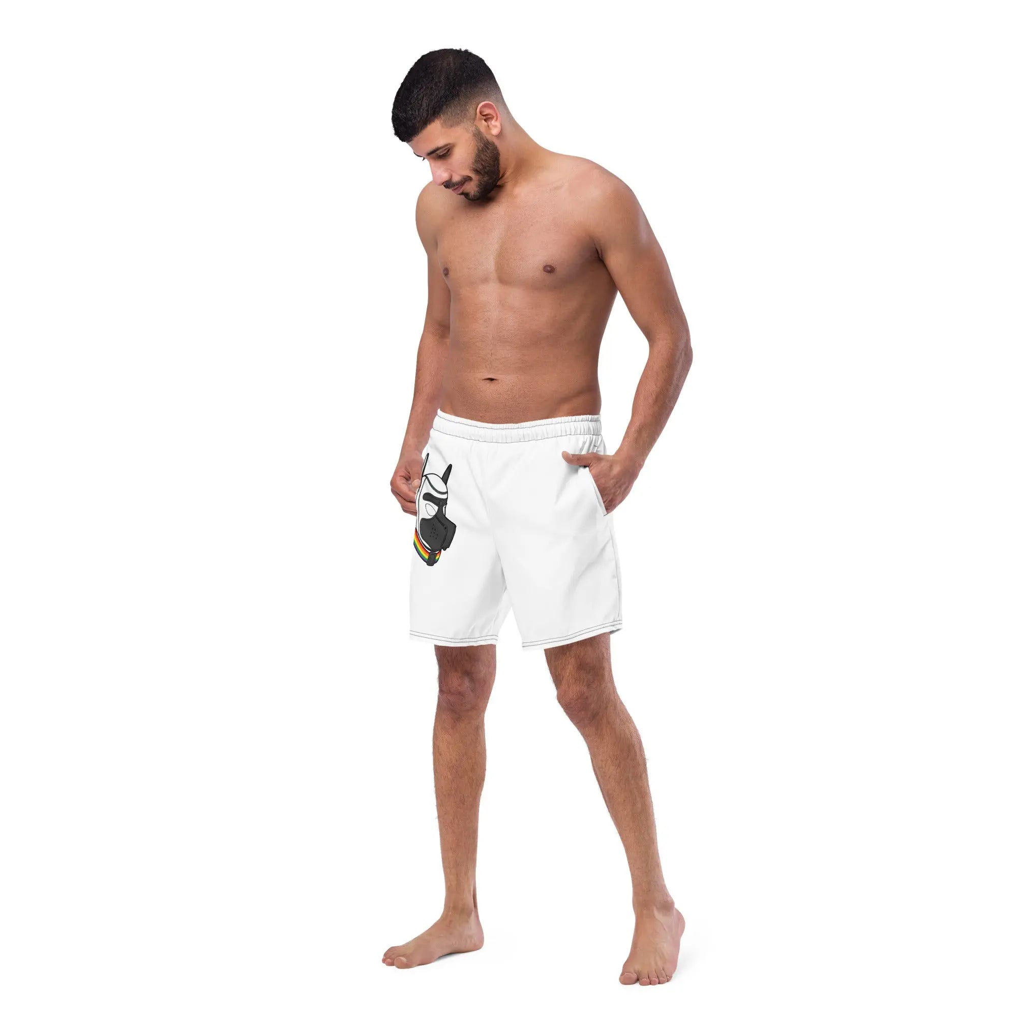 Men's white swim shorts featuring graphic design, comfortable fabric and pockets for convenience.