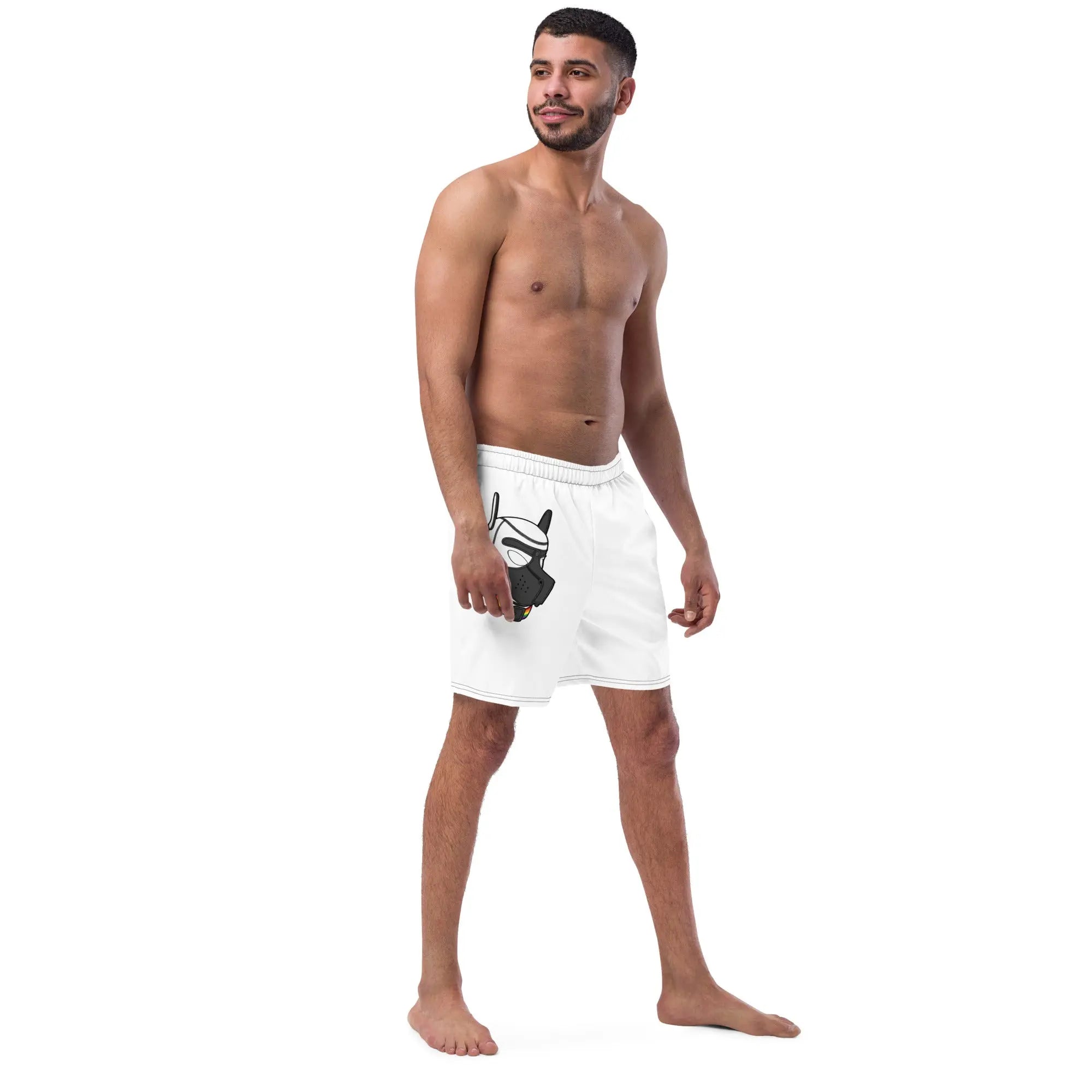 Men's white swim shorts with graphic design, quick-dry material, and elastic waistband for comfort.