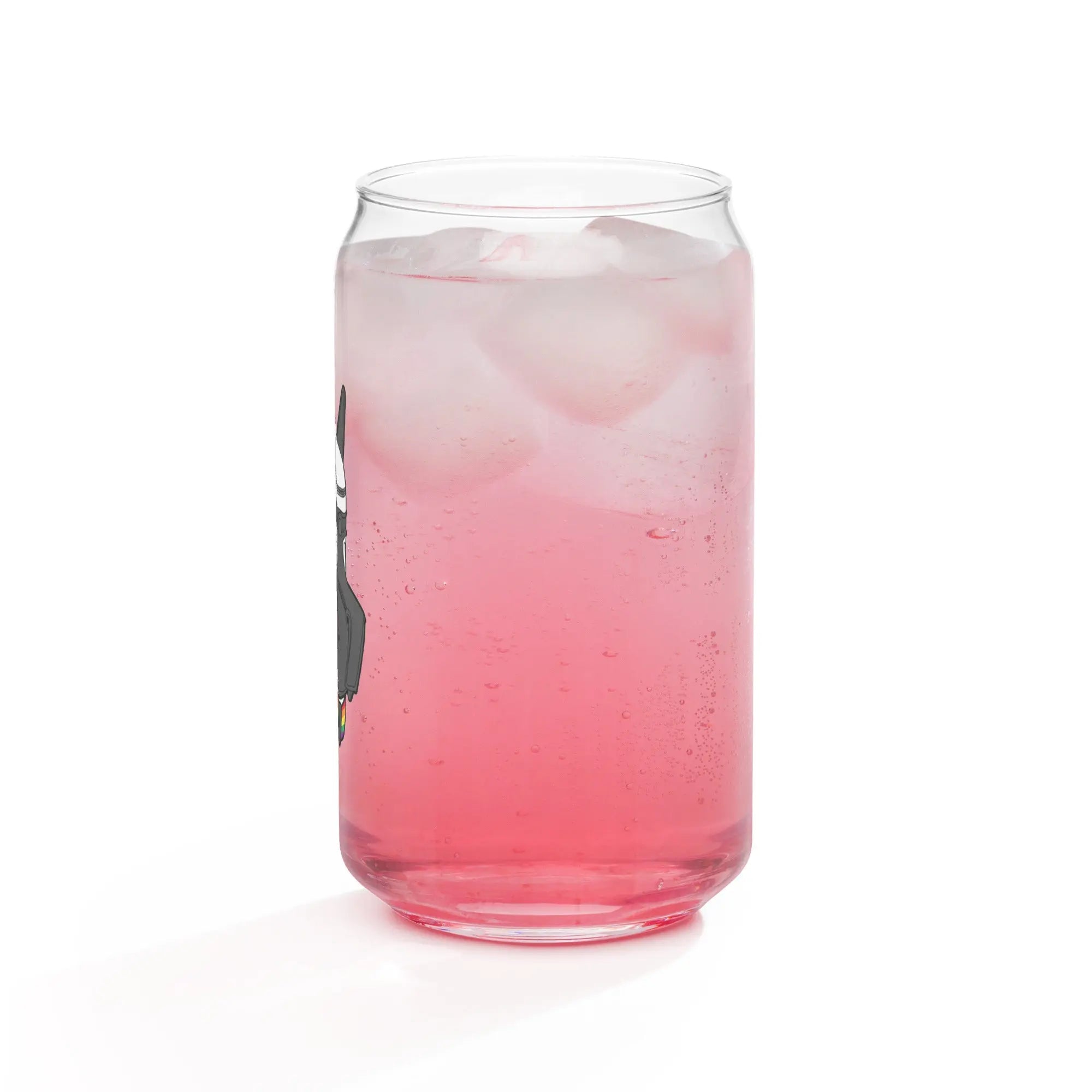 Transparent glass can with ice and pink drink, featuring a playful graphic design.