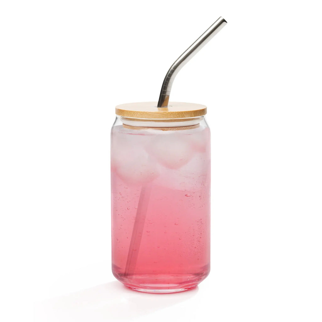 Glass jar with pink drink, stainless steel straw, and bamboo lid, perfect for eco-friendly sipping.