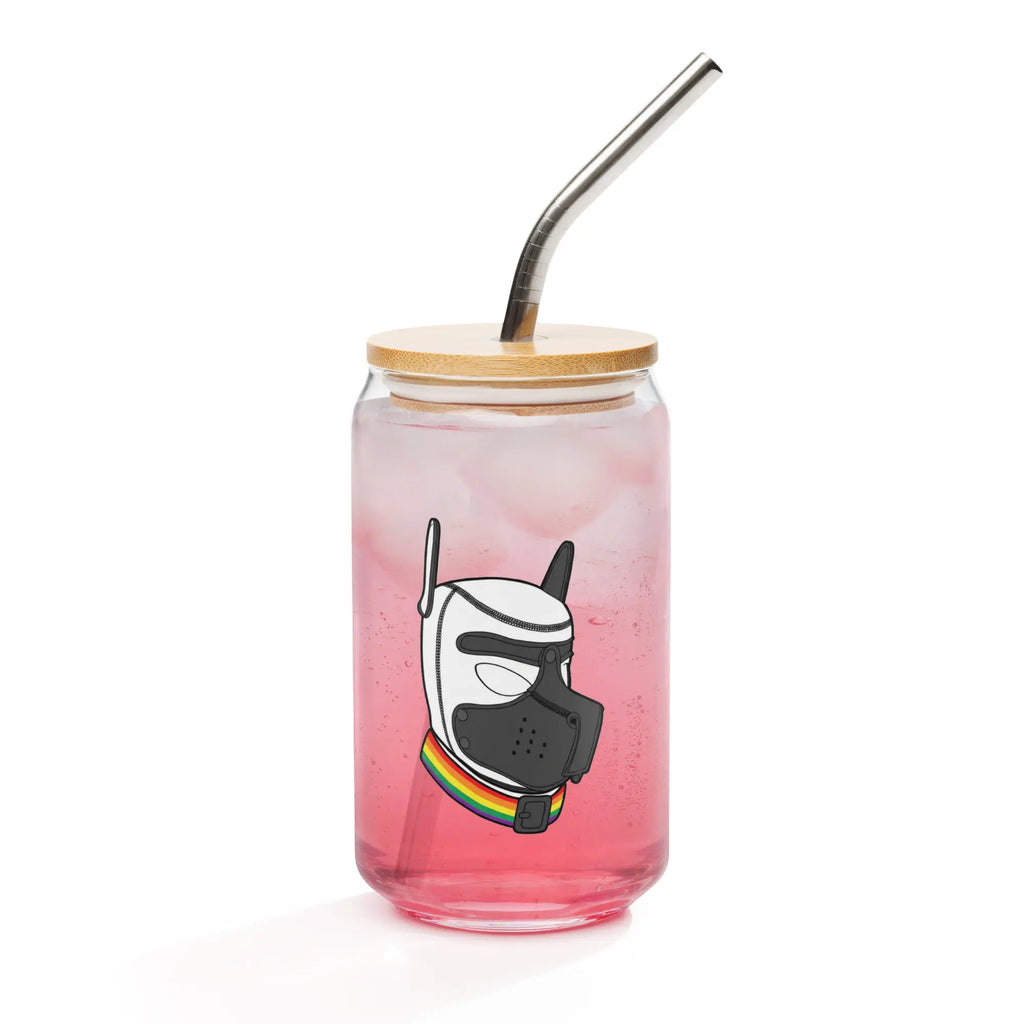 Clear glass jar with a bamboo lid and straw, featuring a colorful dog mask design, filled with pink drink.