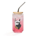 Clear glass jar with a bamboo lid and straw, featuring a colorful dog mask design, filled with pink drink.