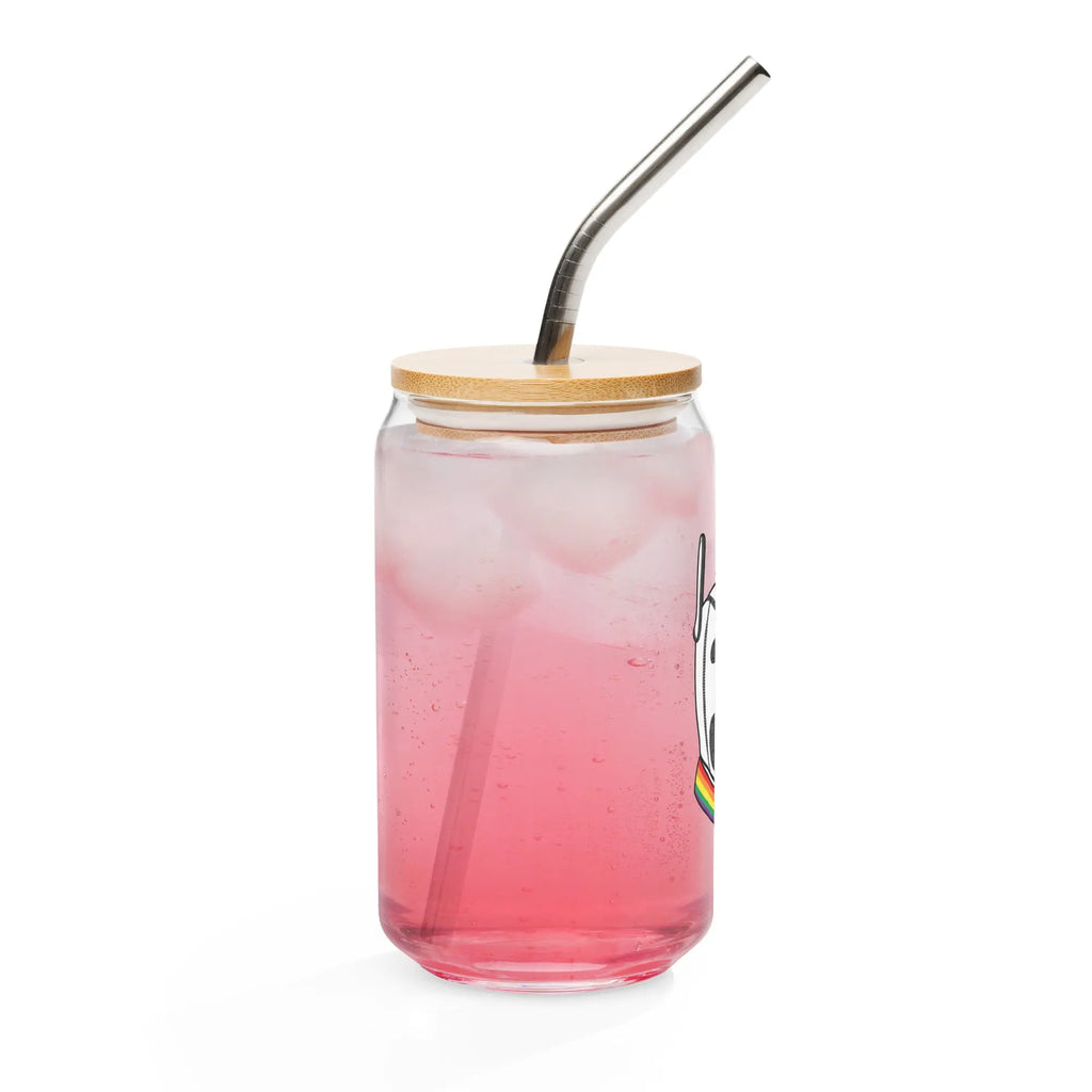 Clear glass jar with pink drink, bamboo lid, and stainless steel straw, featuring a cute design.