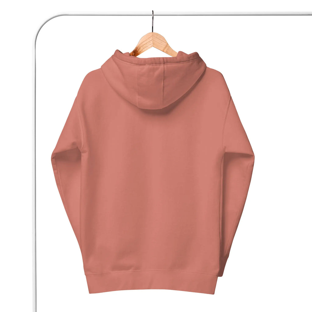 Back view of a lightweight coral pink hoodie, soft fabric, adjustable drawstring hood.