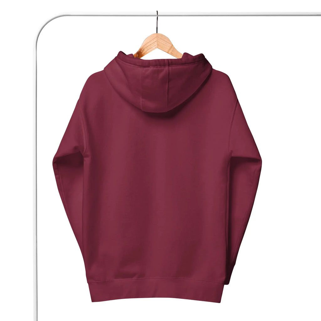Maroon pullover hoodie with a soft finish, featuring a comfortable hood and kangaroo pocket.