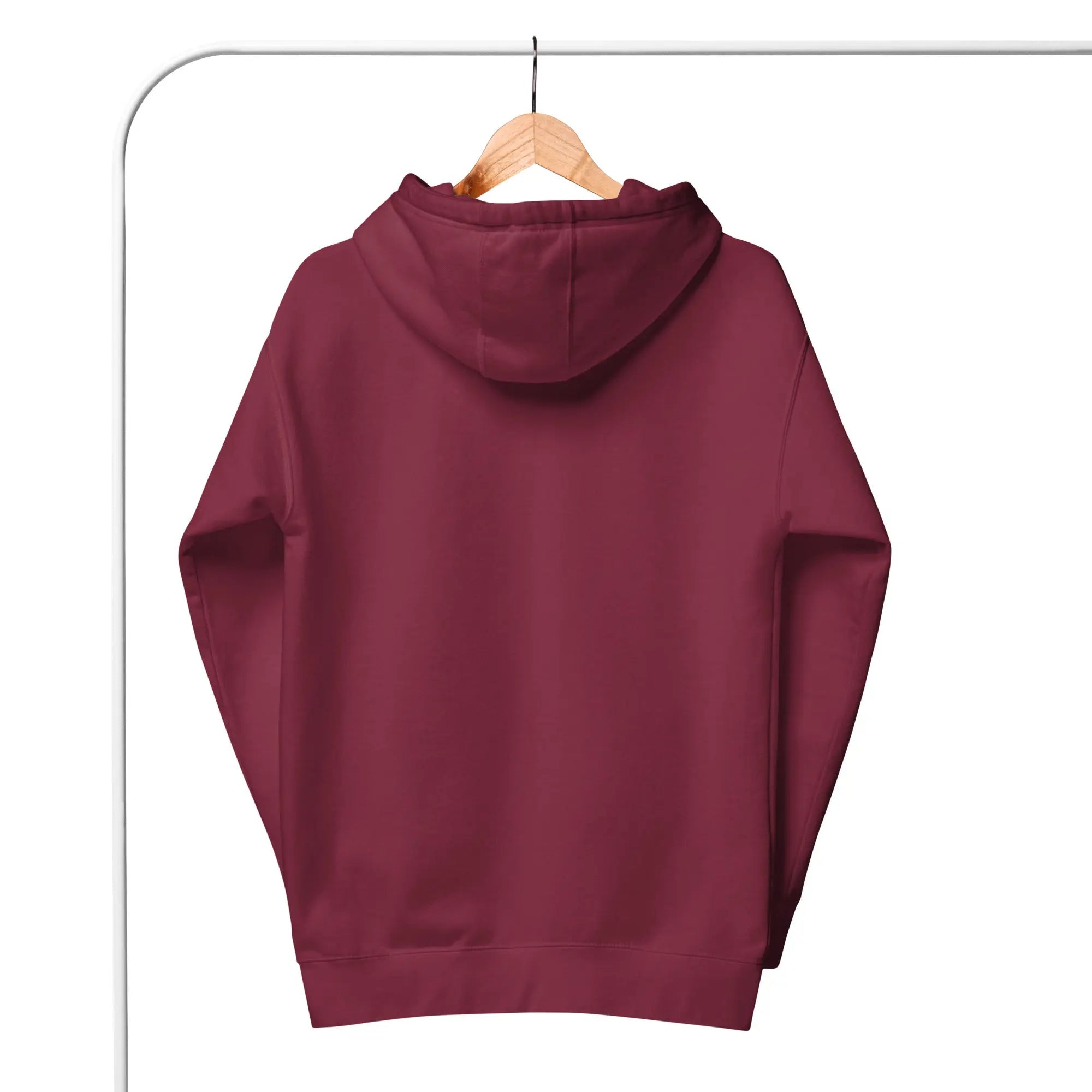 Maroon pullover hoodie with a soft finish, featuring a comfortable hood and kangaroo pocket.