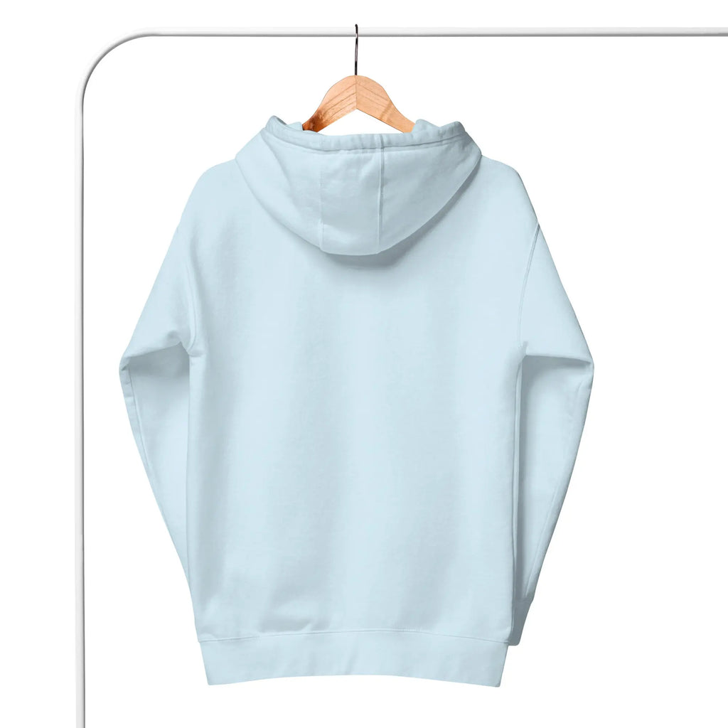 Light blue unisex hoodie made of soft, breathable cotton, perfect for a cozy, casual look.