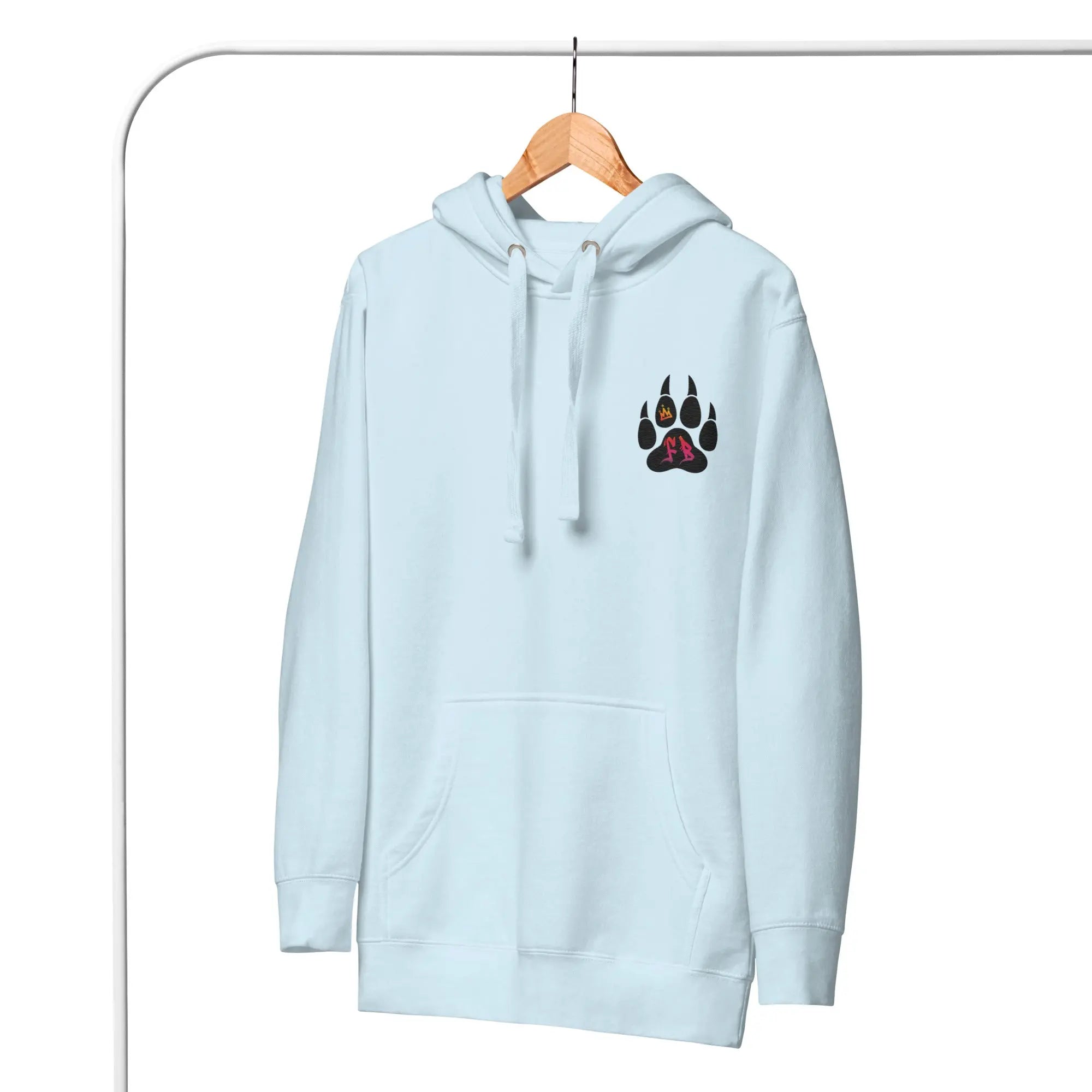 Light blue hoodie with a stylish paw print design and front pocket, perfect for casual wear.