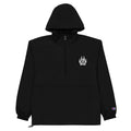 Black Champion hooded pullover jacket featuring a paw logo and adjustable drawstring.