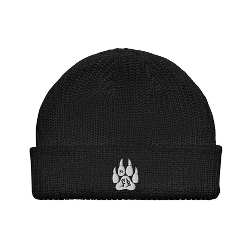 Black beanie hat with embroidered paw print, perfect for warmth and style.