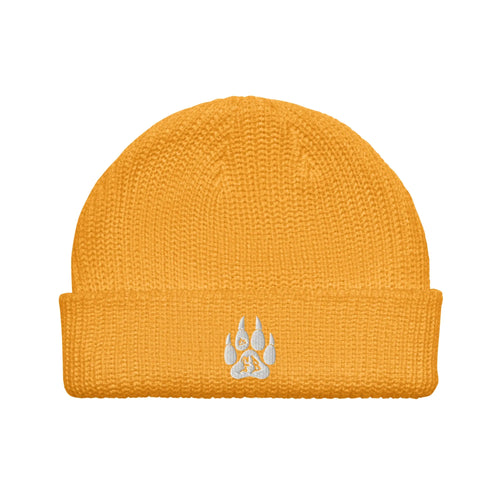 Yellow knit beanie hat with embroidered paw print, perfect for winter wear and outdoor activities.