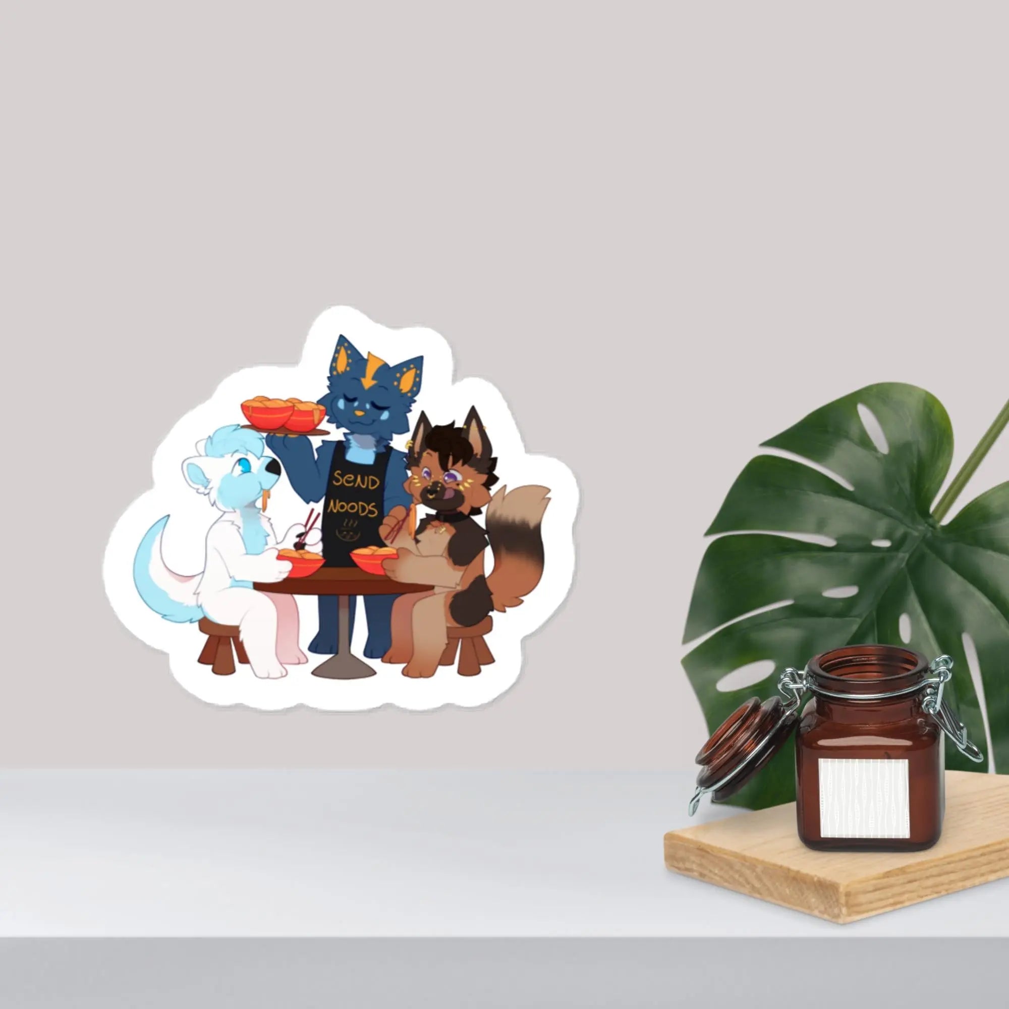 Colorful sticker featuring cartoon animals sharing food, perfect for decoration and fun vibes.