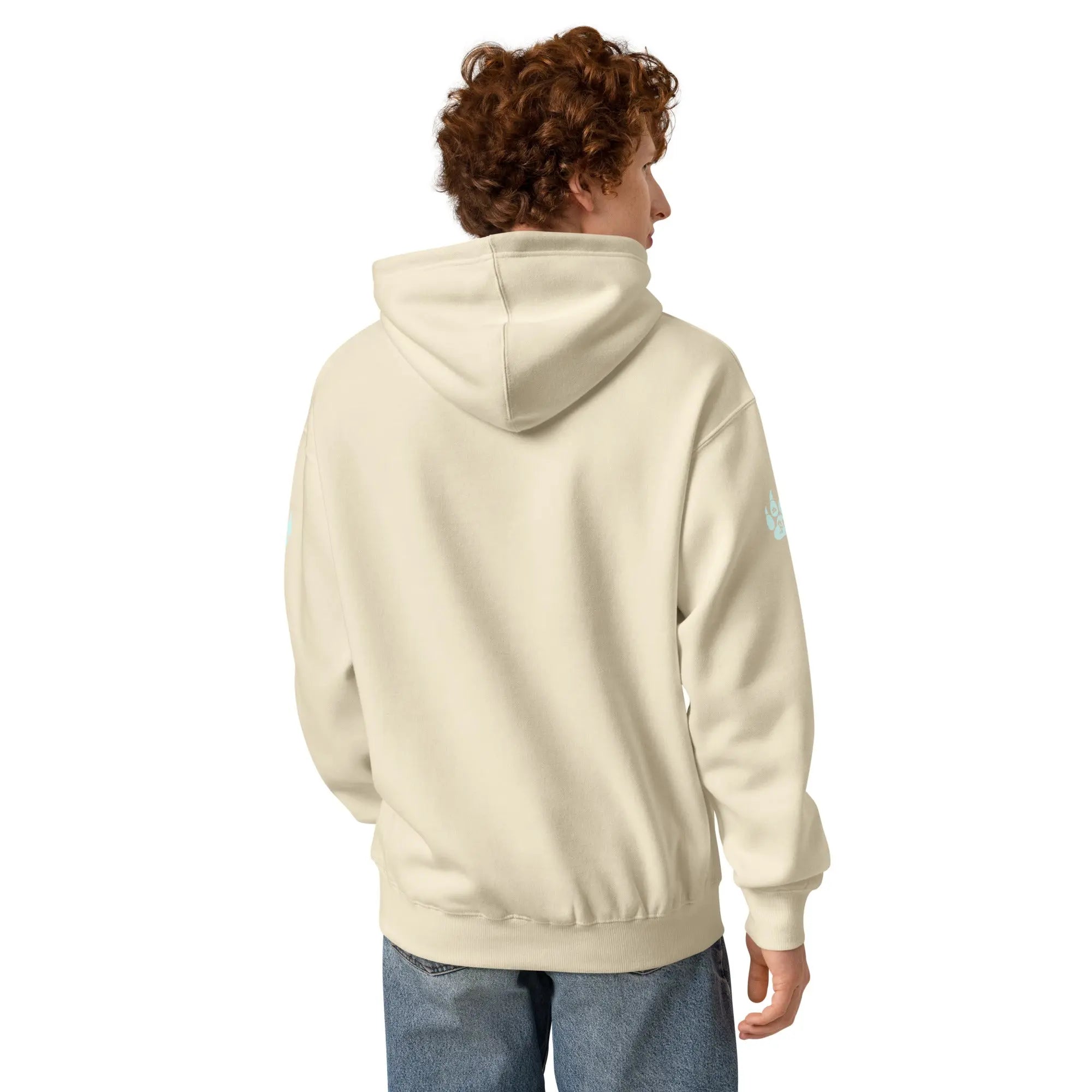 Back view of a cream-colored unisex hoodie made of soft cotton with a stylish hood and graphic detail.