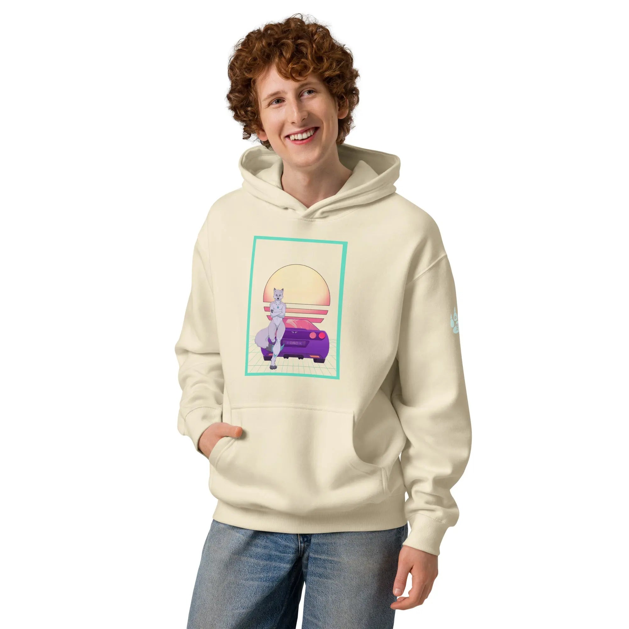 Cream hoodie with a vibrant cartoon print of a wolf and retro car, perfect for casual wear.